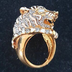 Fancy Kenneth Jay Lane KJL Rhinestone Crystal Enamel Tiger Ring Adjustable Size